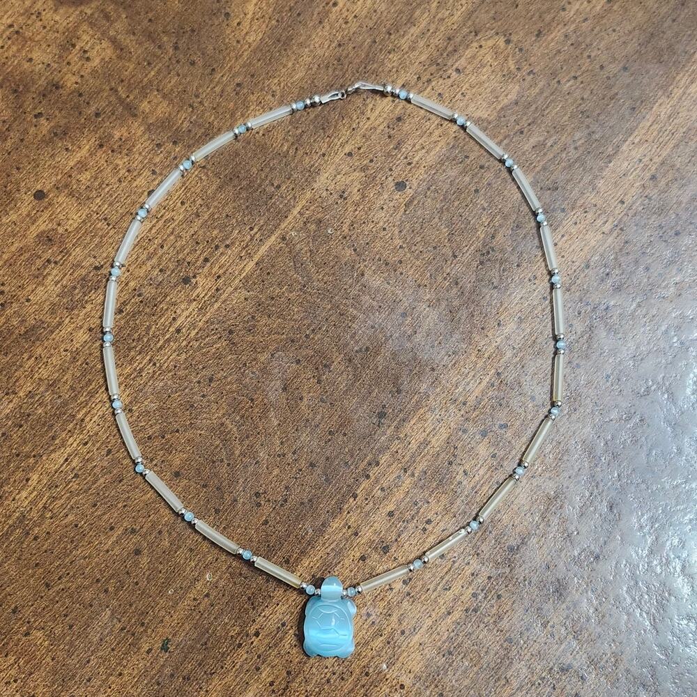 Blue Carved Glass Turtle Pendant Necklace 925 Clasp Frosted Tube Beads Sea Life